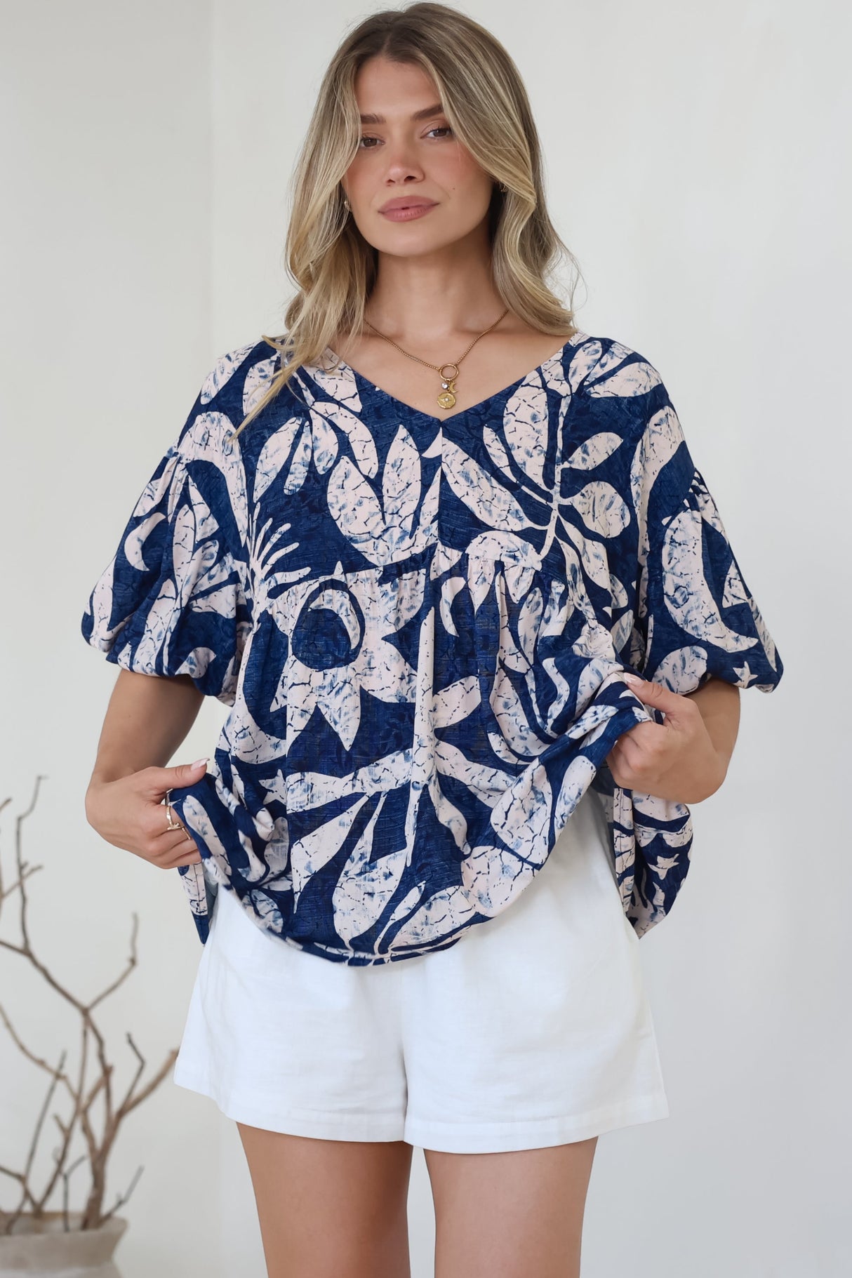 Amalia Blouse - V-Neck Smock Top with Balloon Sleeves in Moonshadow Print