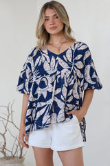 Amalia Blouse - V-Neck Smock Top with Balloon Sleeves in Moonshadow Print