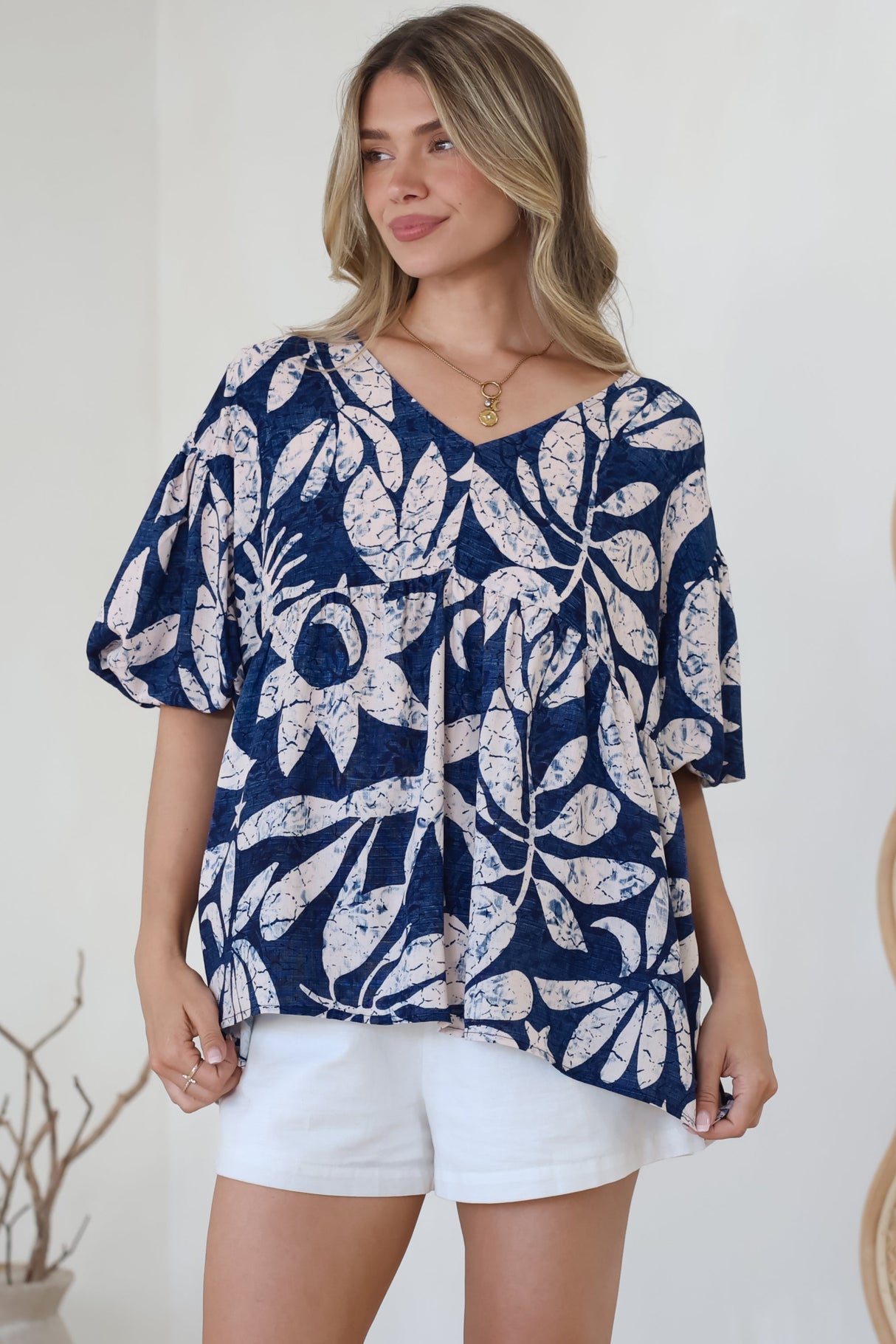 Amalia Blouse - V-Neck Smock Top with Balloon Sleeves in Moonshadow Print