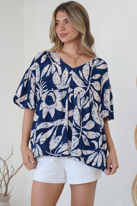 Amalia Blouse - V-Neck Smock Top with Balloon Sleeves in Moonshadow Print