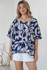 Amalia Blouse - V-Neck Smock Top with Balloon Sleeves in Moonshadow Print