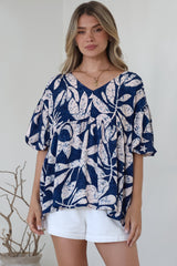 Amalia Blouse - V-Neck Smock Top with Balloon Sleeves in Moonshadow Print
