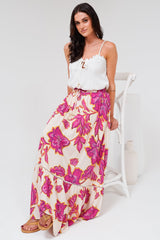 Amana Maxi Skirt - Tiered Skirt with Ladder Lace Insert Splicing in Kalia Print Cream