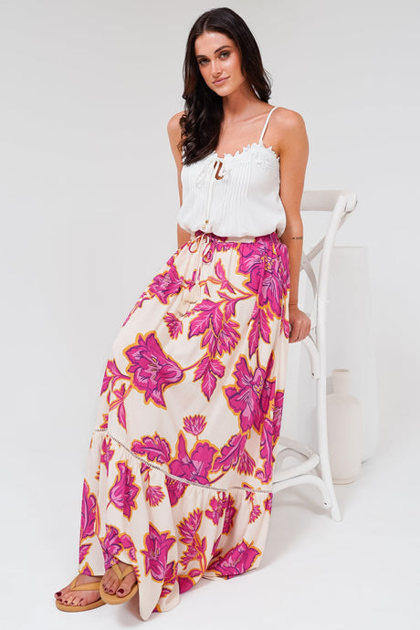Amana Maxi Skirt - Tiered Skirt with Ladder Lace Insert Splicing in Kalia Print Cream