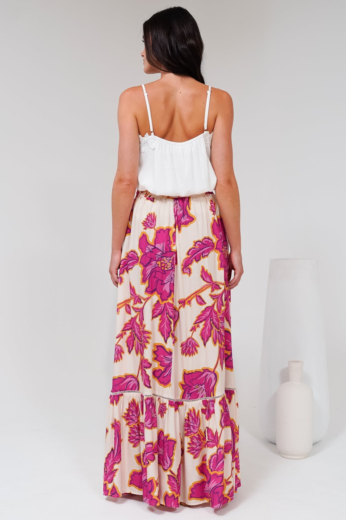 Amana Maxi Skirt - Tiered Skirt with Ladder Lace Insert Splicing in Kalia Print Cream