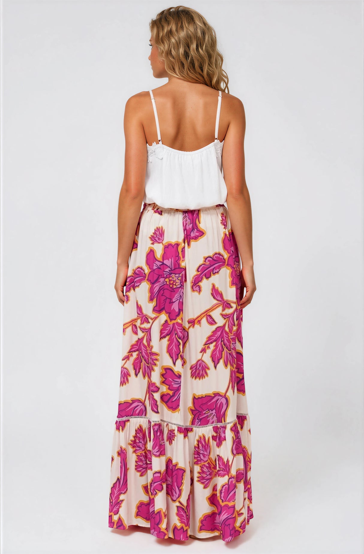 Amana Maxi Skirt - Tiered Skirt with Ladder Lace Insert Splicing in Kalia Print Cream