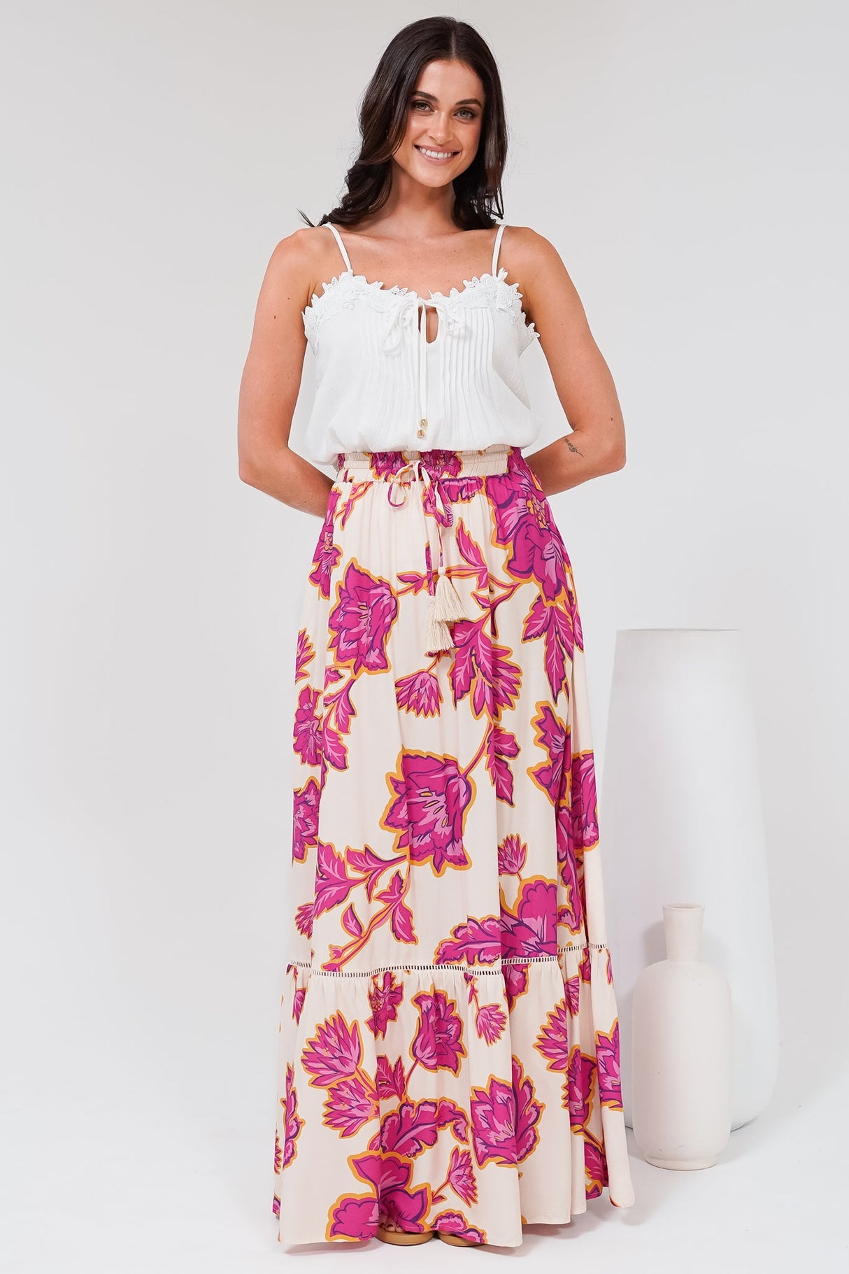 Amana Maxi Skirt - Tiered Skirt with Ladder Lace Insert Splicing in Kalia Print Cream