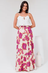 Amana Maxi Skirt - Tiered Skirt with Ladder Lace Insert Splicing in Kalia Print Cream