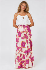 Amana Maxi Skirt - Tiered Skirt with Ladder Lace Insert Splicing in Kalia Print Cream