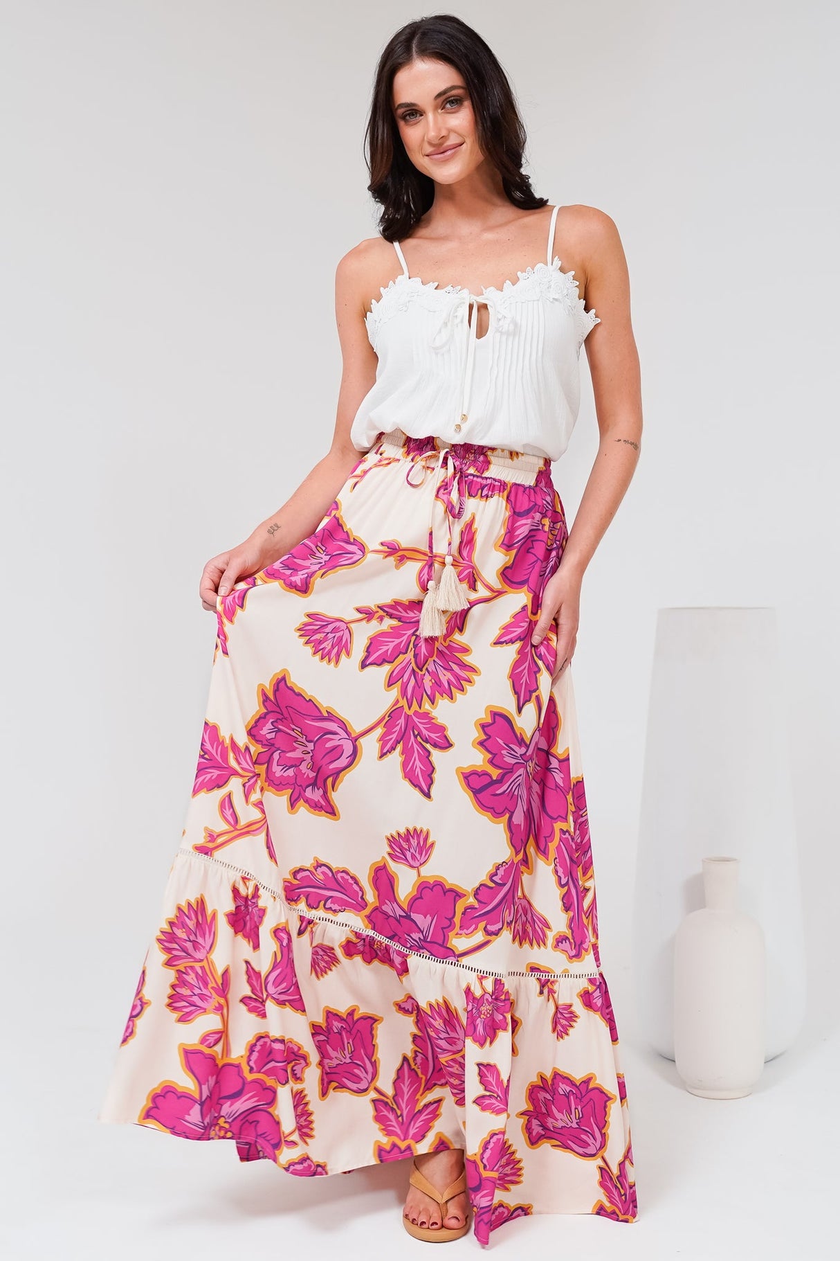 Amana Maxi Skirt - Tiered Skirt with Ladder Lace Insert Splicing in Kalia Print Cream