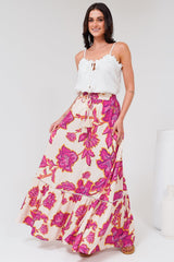 Amana Maxi Skirt - Tiered Skirt with Ladder Lace Insert Splicing in Kalia Print Cream