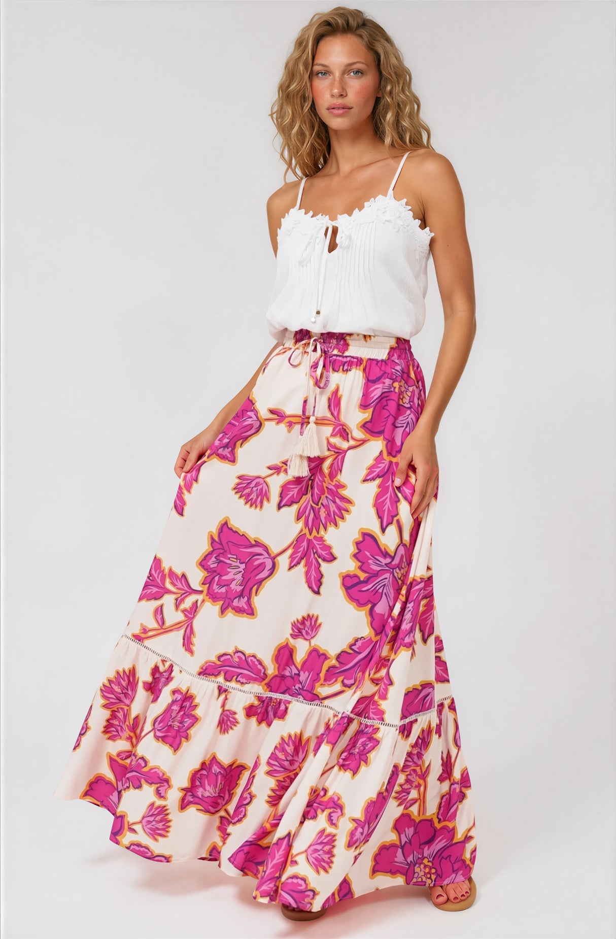 Amana Maxi Skirt - Tiered Skirt with Ladder Lace Insert Splicing in Kalia Print Cream