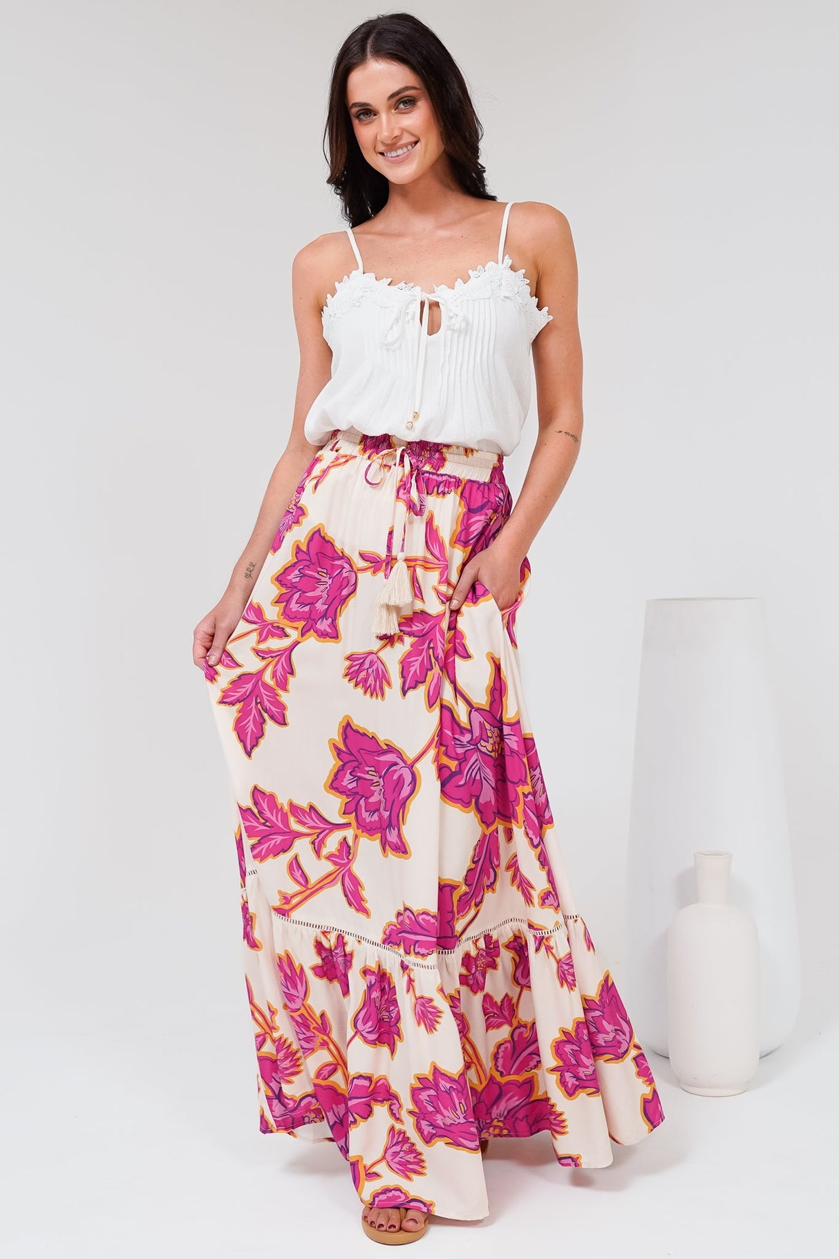 Amana Maxi Skirt - Tiered Skirt with Ladder Lace Insert Splicing in Kalia Print Cream