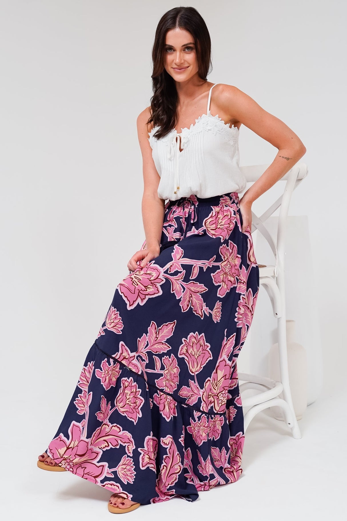 Amana Maxi Skirt - Tiered Skirt with Ladder Lace Insert Splicing in Kalia Print Navy