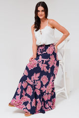 Amana Maxi Skirt - Tiered Skirt with Ladder Lace Insert Splicing in Kalia Print Navy