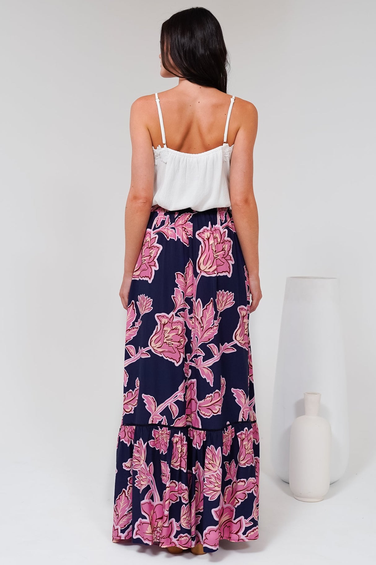 Amana Maxi Skirt - Tiered Skirt with Ladder Lace Insert Splicing in Kalia Print Navy