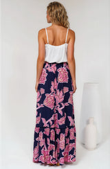 Amana Maxi Skirt - Tiered Skirt with Ladder Lace Insert Splicing in Kalia Print Navy