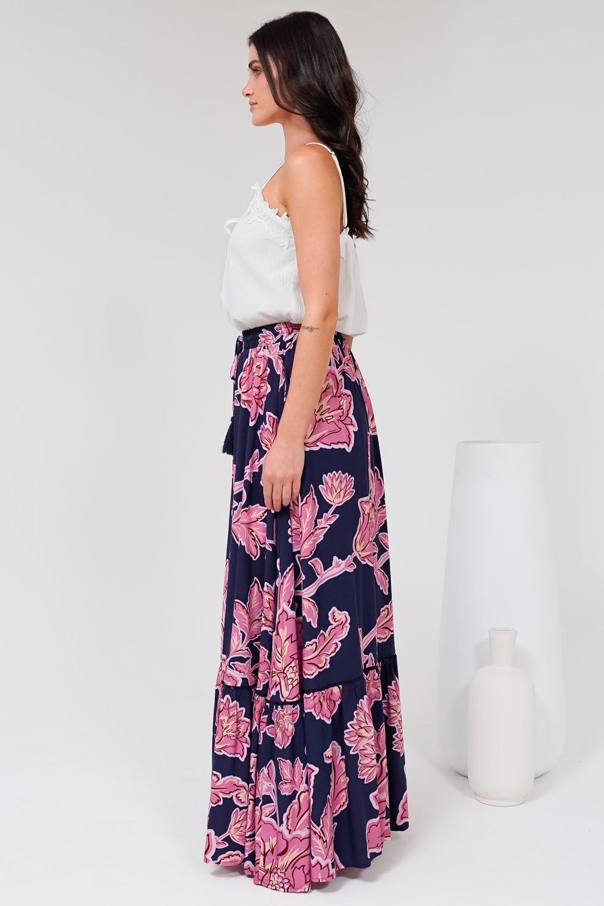 Amana Maxi Skirt - Tiered Skirt with Ladder Lace Insert Splicing in Kalia Print Navy