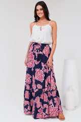 Amana Maxi Skirt - Tiered Skirt with Ladder Lace Insert Splicing in Kalia Print Navy
