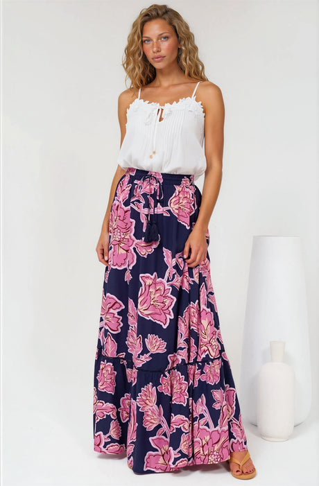 Amana Maxi Skirt - Tiered Skirt with Ladder Lace Insert Splicing in Kalia Print Navy