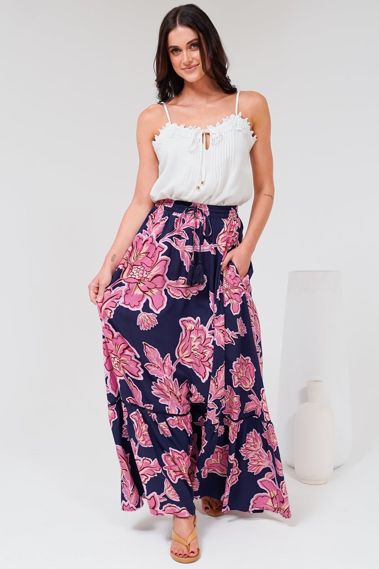 Amana Maxi Skirt - Tiered Skirt with Ladder Lace Insert Splicing in Kalia Print Navy