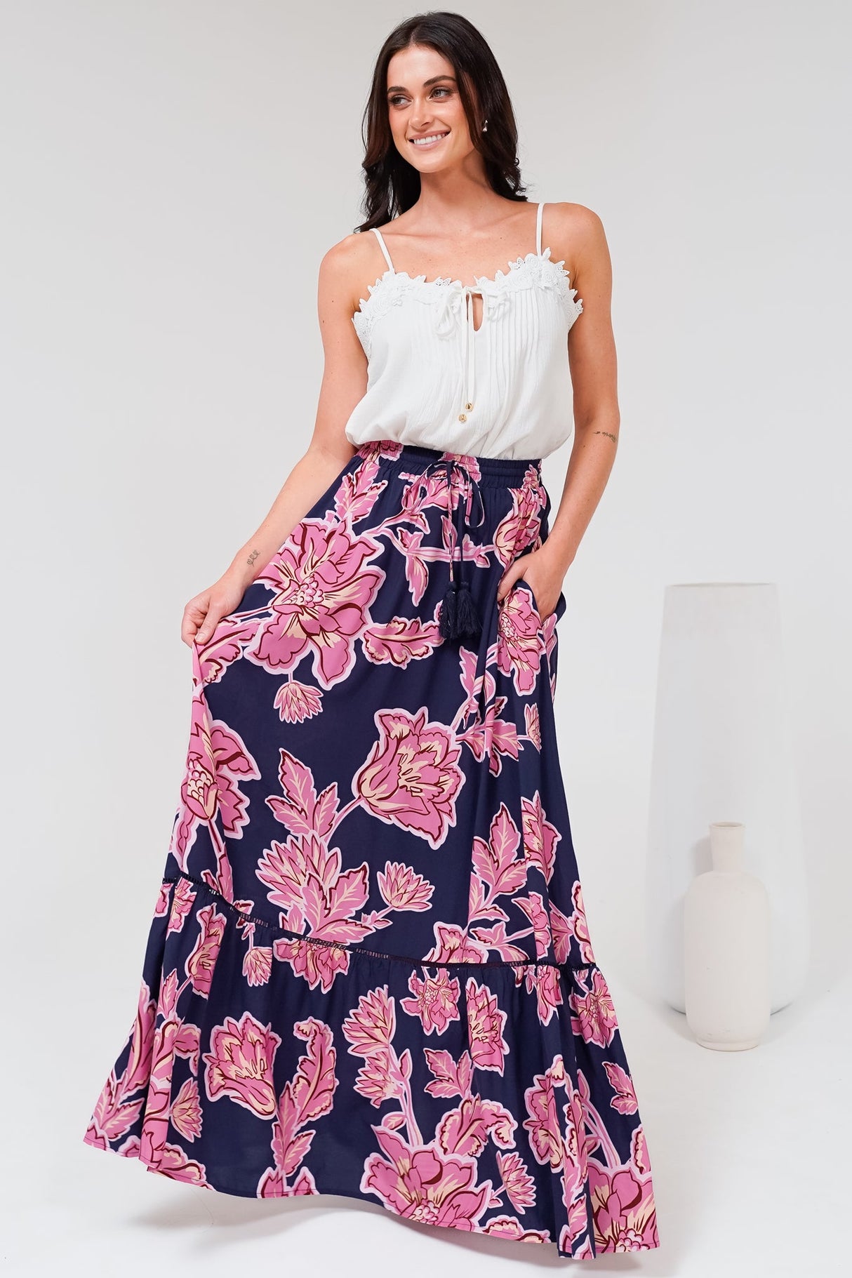 Amana Maxi Skirt - Tiered Skirt with Ladder Lace Insert Splicing in Kalia Print Navy