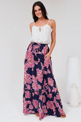 Amana Maxi Skirt - Tiered Skirt with Ladder Lace Insert Splicing in Kalia Print Navy