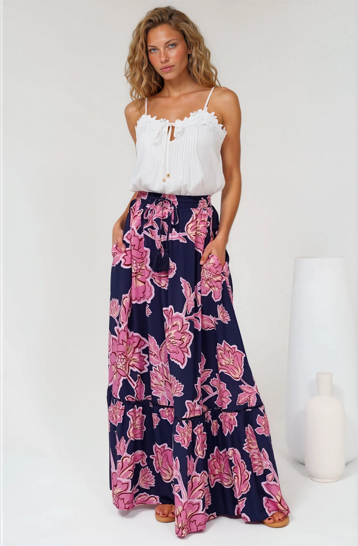 Amana Maxi Skirt - Tiered Skirt with Ladder Lace Insert Splicing in Kalia Print Navy