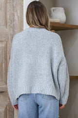 Amara Jumper - Crew Neck Floral Motif Knit with Ribbed Hemlines in Grey