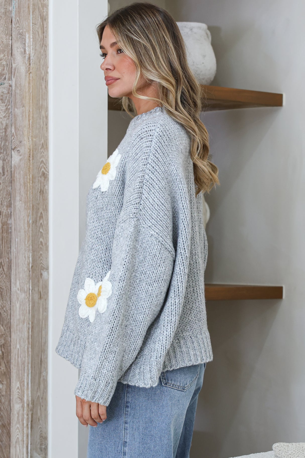 Amara Jumper - Crew Neck Floral Motif Knit with Ribbed Hemlines in Grey