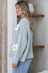 Amara Jumper - Crew Neck Floral Motif Knit with Ribbed Hemlines in Grey