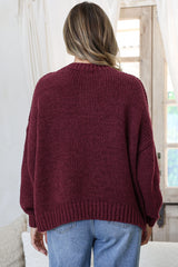 Amara Jumper - Crew Neck Floral Motif Knit with Ribbed Hemlines in Wine