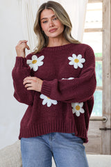 Amara Jumper - Crew Neck Floral Motif Knit with Ribbed Hemlines in Wine