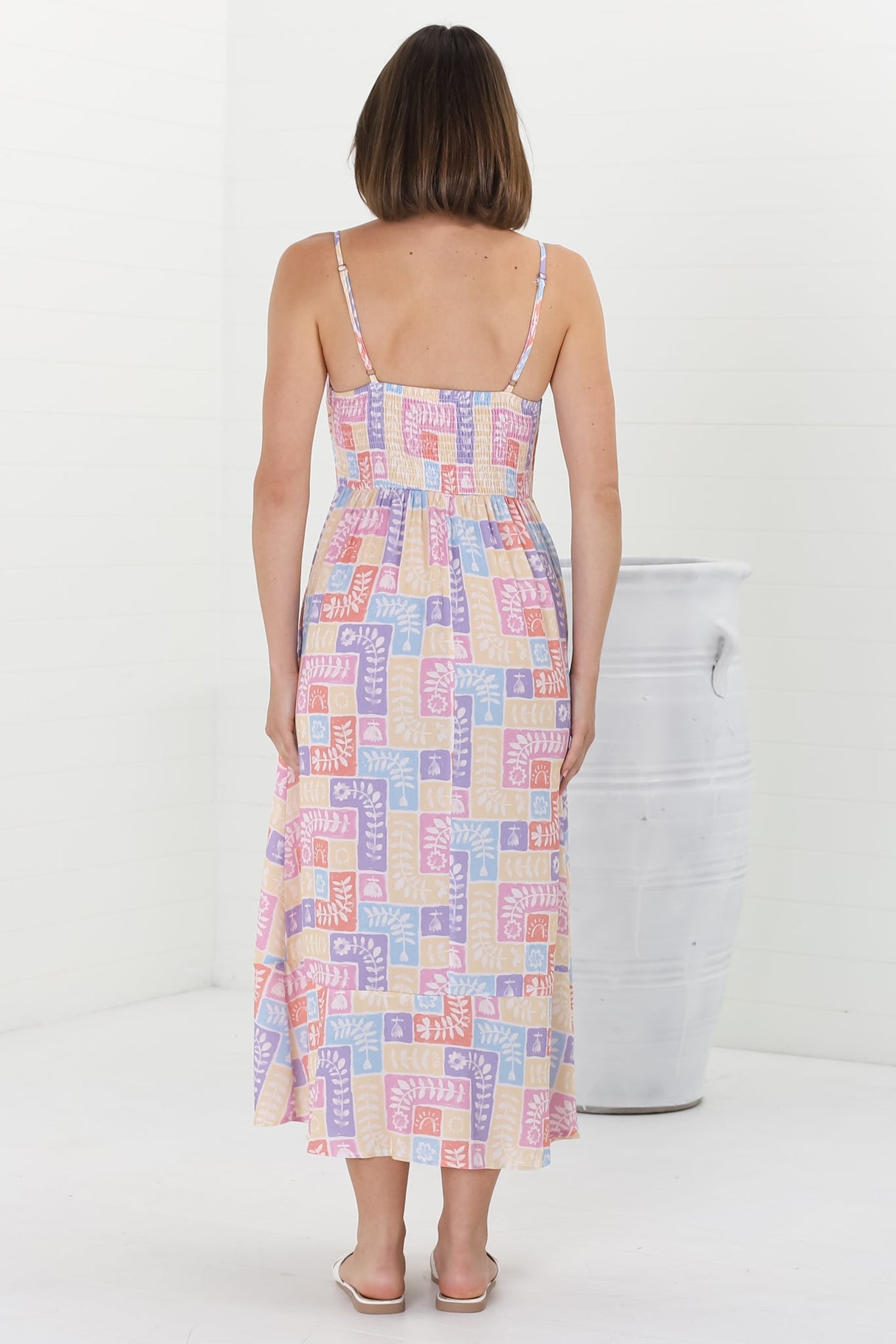 Amara Midi Dress - Asjustable Strap Sun Dress with Pockets in Hoku Print Pastel