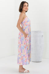 Amara Midi Dress - Asjustable Strap Sun Dress with Pockets in Hoku Print Pastel