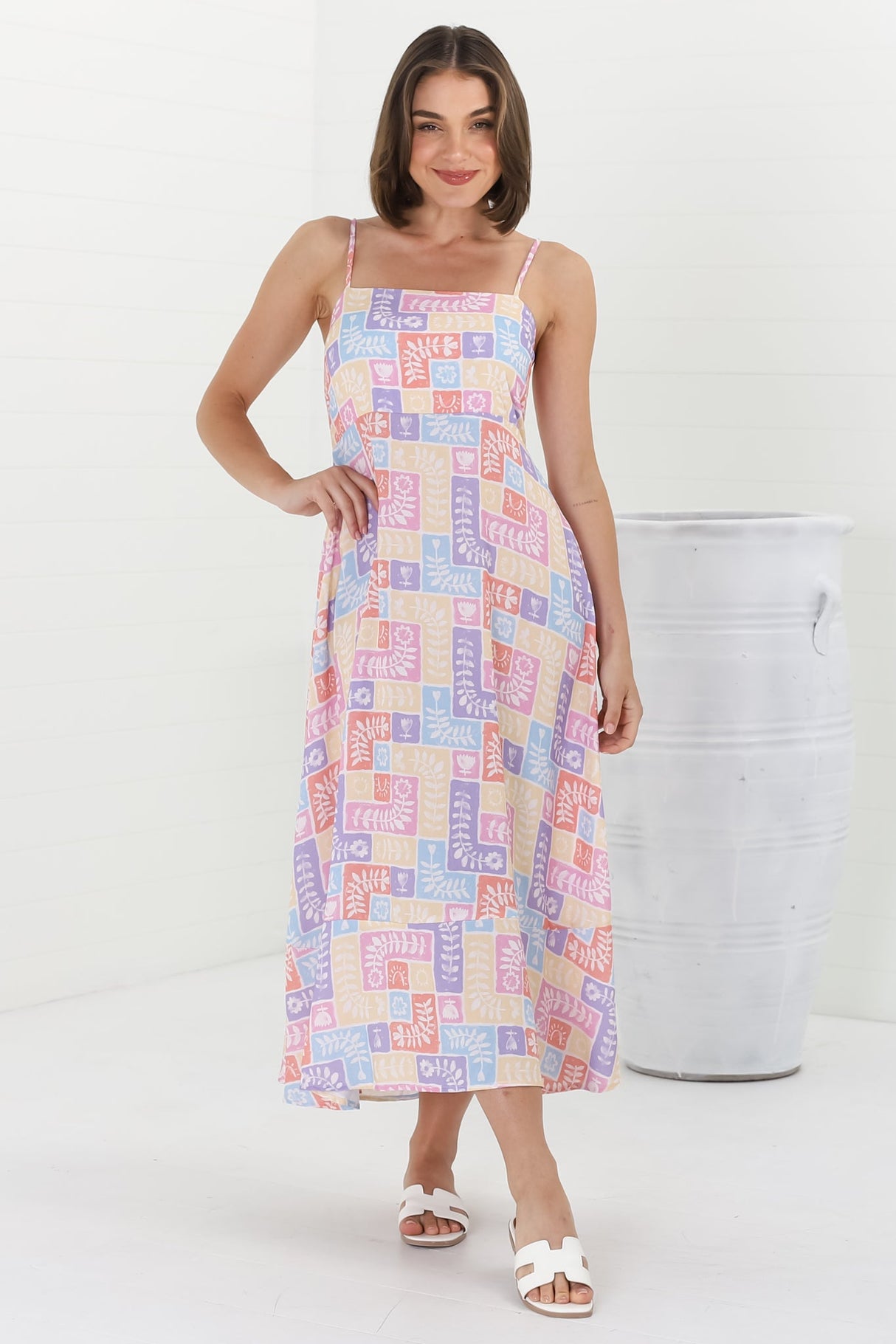 Amara Midi Dress - Adjustable Strap Sun Dress with Pockets in Hoku Print Pastel