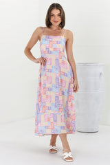 Amara Midi Dress - Asjustable Strap Sun Dress with Pockets in Hoku Print Pastel