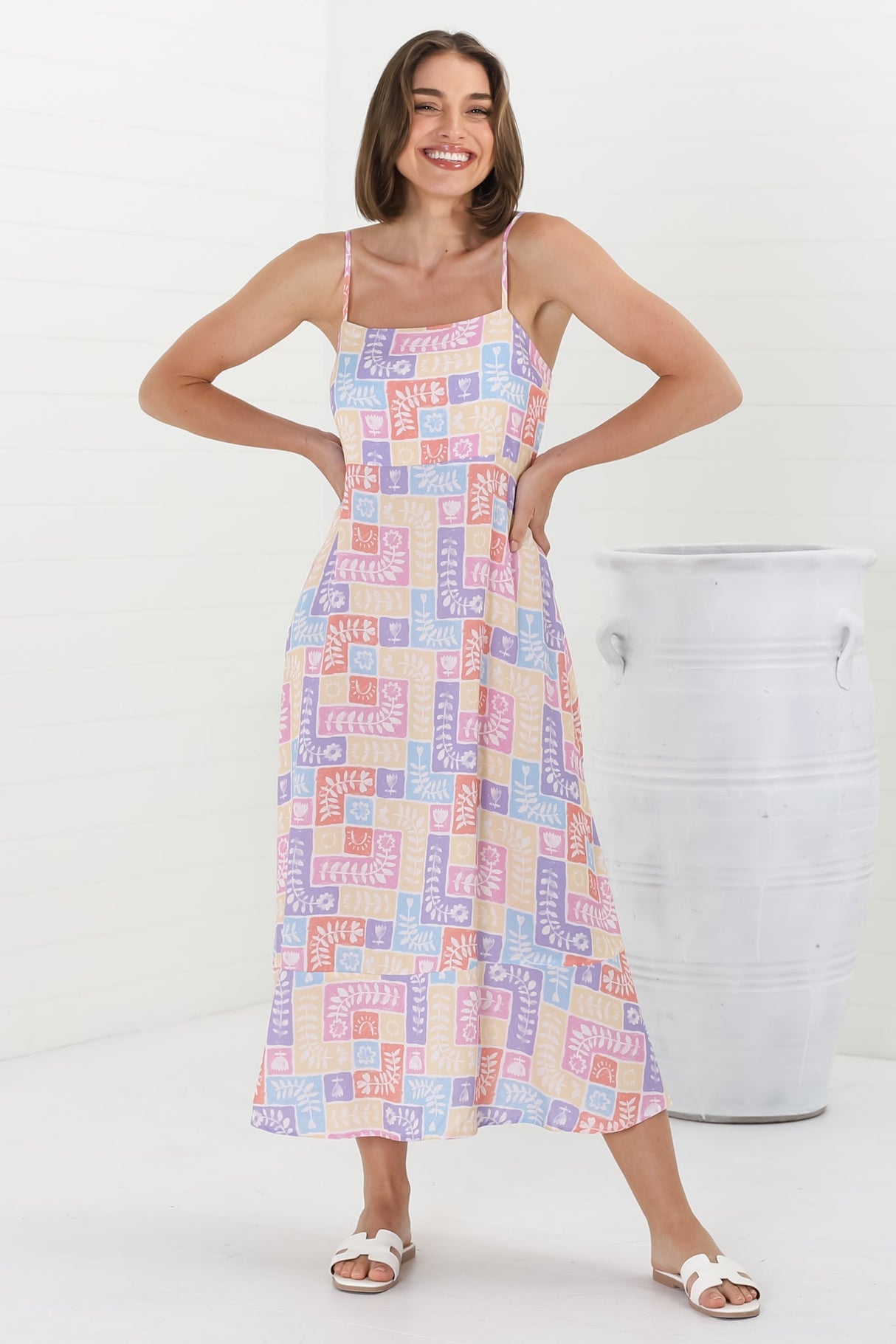 Amara Midi Dress - Asjustable Strap Sun Dress with Pockets in Hoku Print Pastel