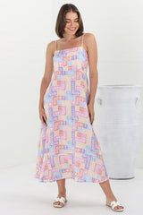 Amara Midi Dress - Asjustable Strap Sun Dress with Pockets in Hoku Print Pastel