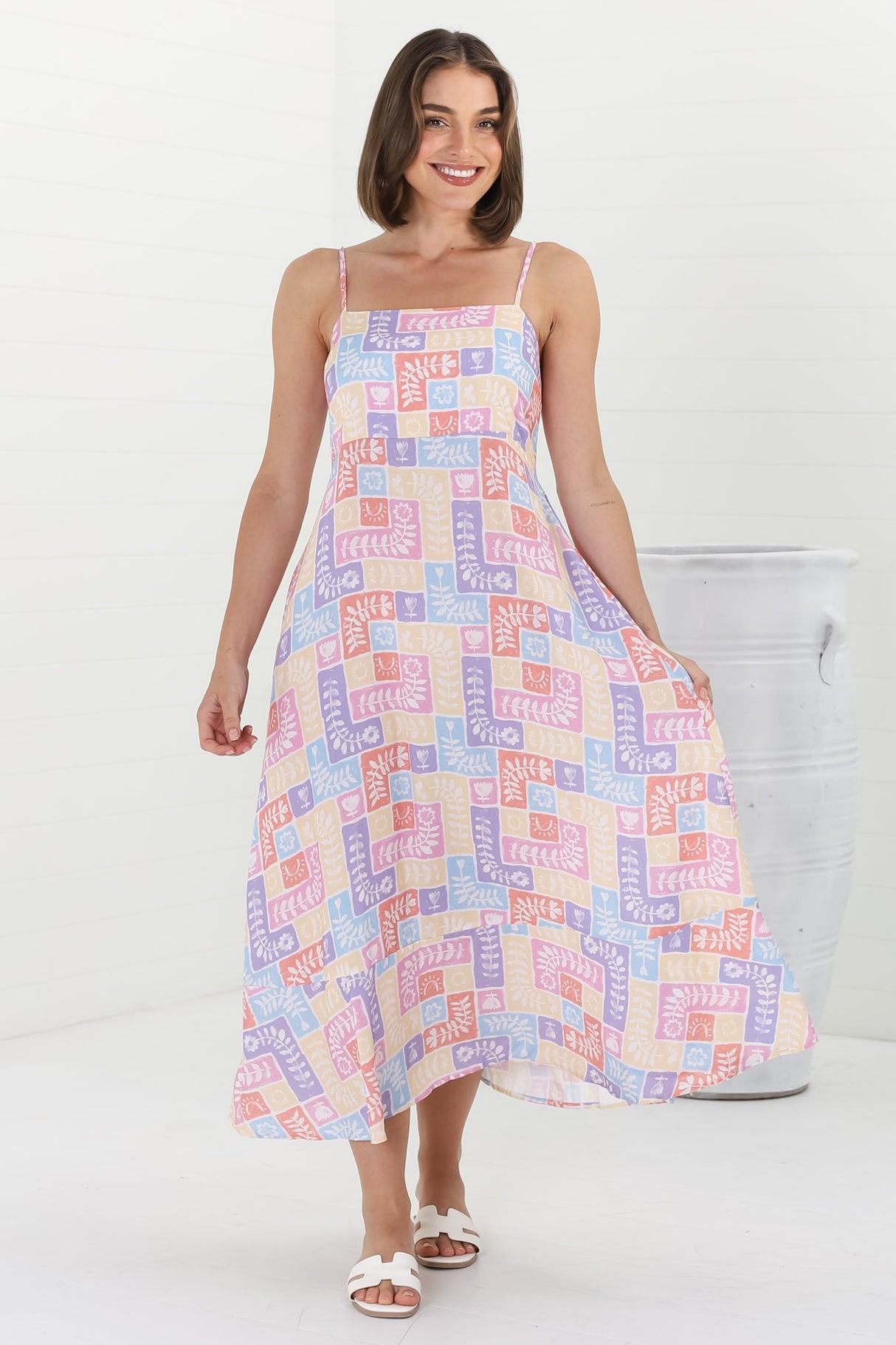 Amara Midi Dress - Asjustable Strap Sun Dress with Pockets in Hoku Print Pastel