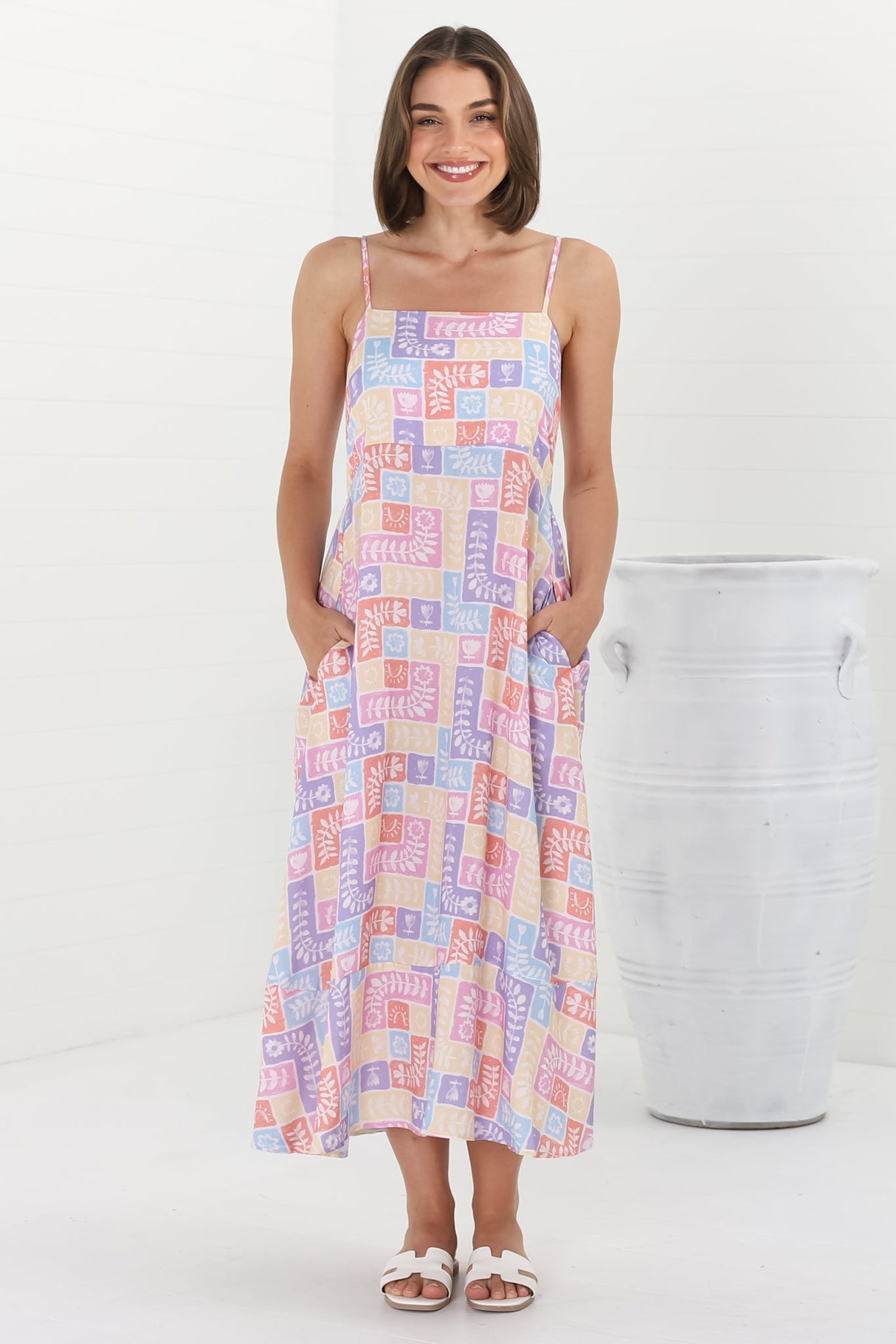 Amara Midi Dress - Asjustable Strap Sun Dress with Pockets in Hoku Print Pastel