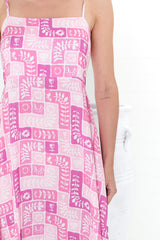 Amara Midi Dress - Asjustable Strap Sun Dress with Pockets in Hoku Print Pink