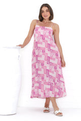 Amara Midi Dress - Asjustable Strap Sun Dress with Pockets in Hoku Print Pink