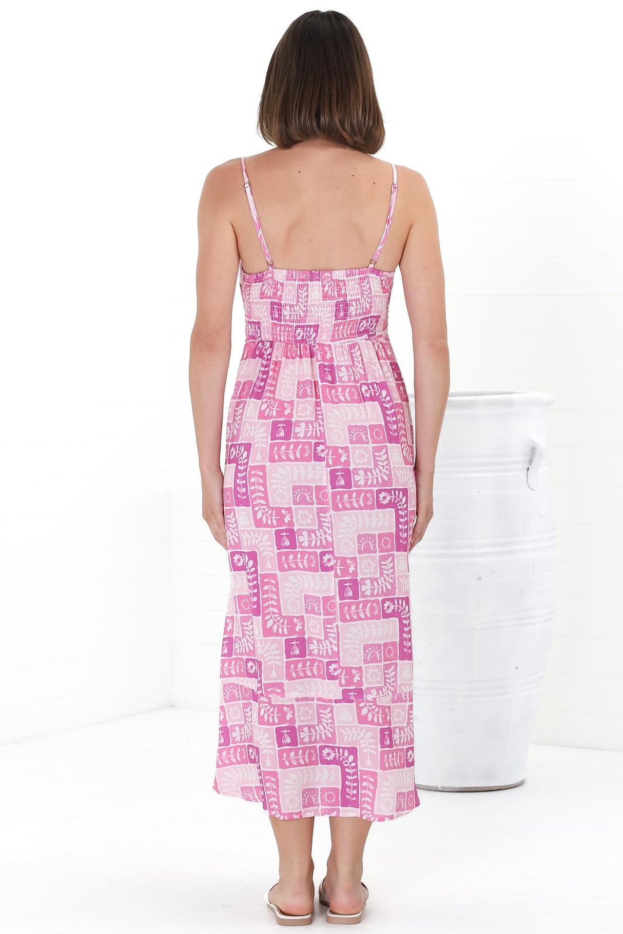 Amara Midi Dress - Asjustable Strap Sun Dress with Pockets in Hoku Print Pink