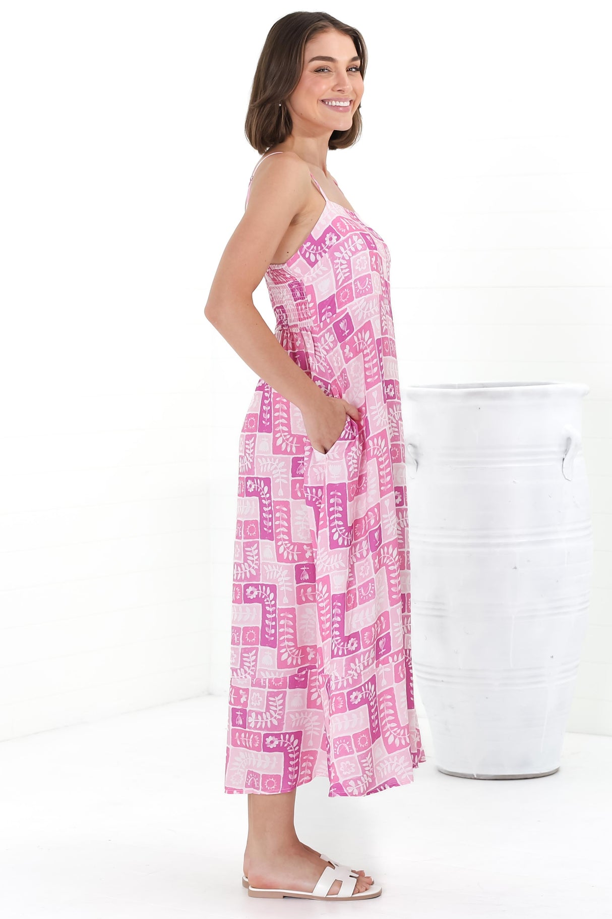 Amara Midi Dress - Adjustable Strap Sun Dress with Pockets in Hoku Print Pink