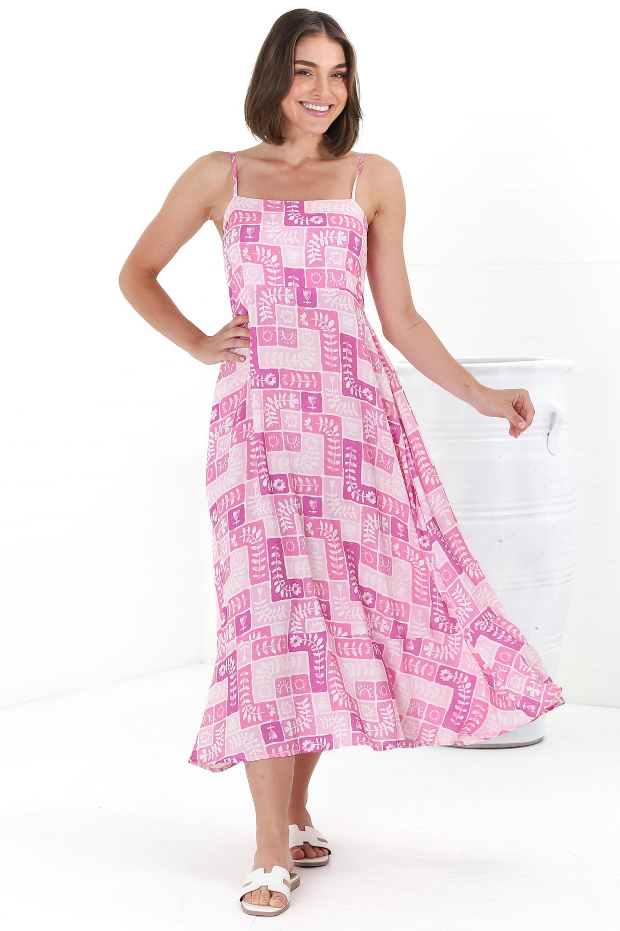 Amara Midi Dress - Asjustable Strap Sun Dress with Pockets in Hoku Print Pink