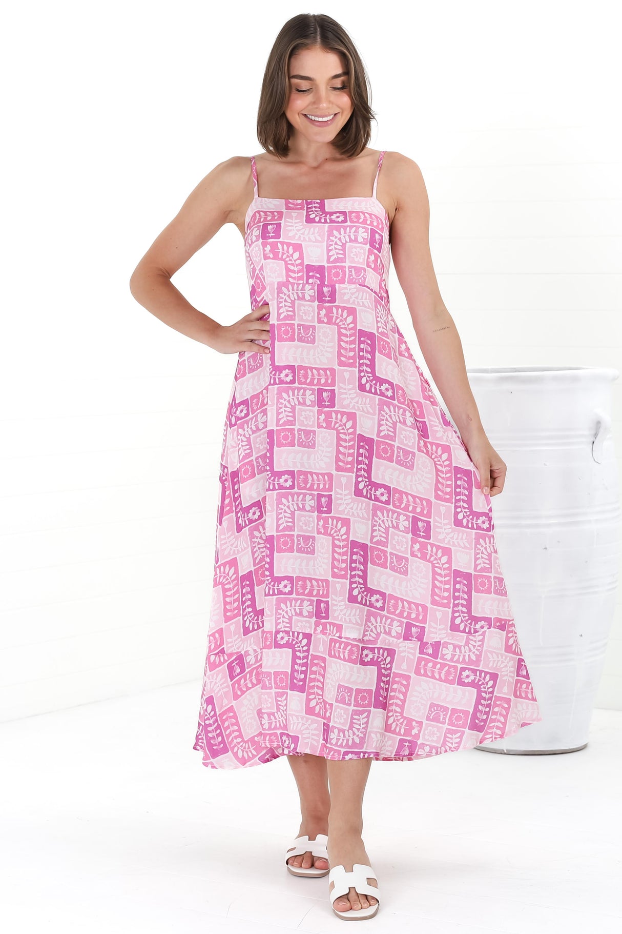 Amara Midi Dress - Asjustable Strap Sun Dress with Pockets in Hoku Print Pink