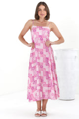 Amara Midi Dress - Asjustable Strap Sun Dress with Pockets in Hoku Print Pink