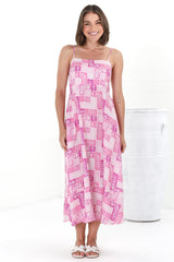 Amara Midi Dress - Asjustable Strap Sun Dress with Pockets in Hoku Print Pink