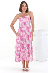 Amara Midi Dress - Adjustable Strap Sun Dress with Pockets in Hoku Print Pink